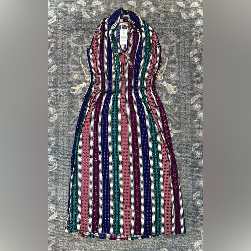 Seven Islands 1X NWT Halter Neck Maxi Dress Vibrant Multi Stripe Dot Print